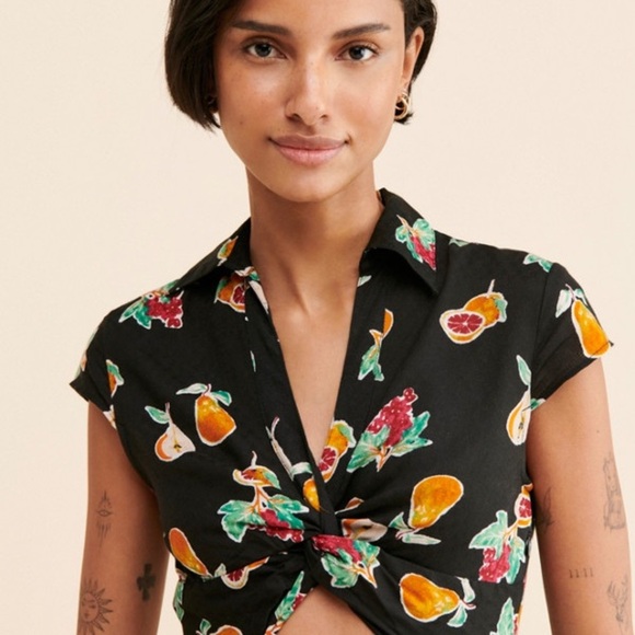 Urban Outfitters Harlow Twist Front Mini Dress black with fruit print Small - Picture 3 of 15